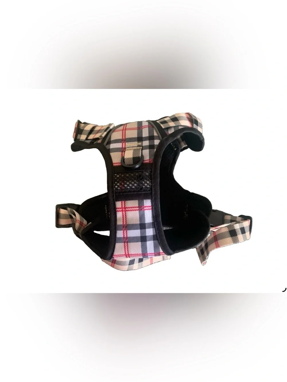 Plaid Padded Dog Harness with Matching Safety Leash - Black/Beige